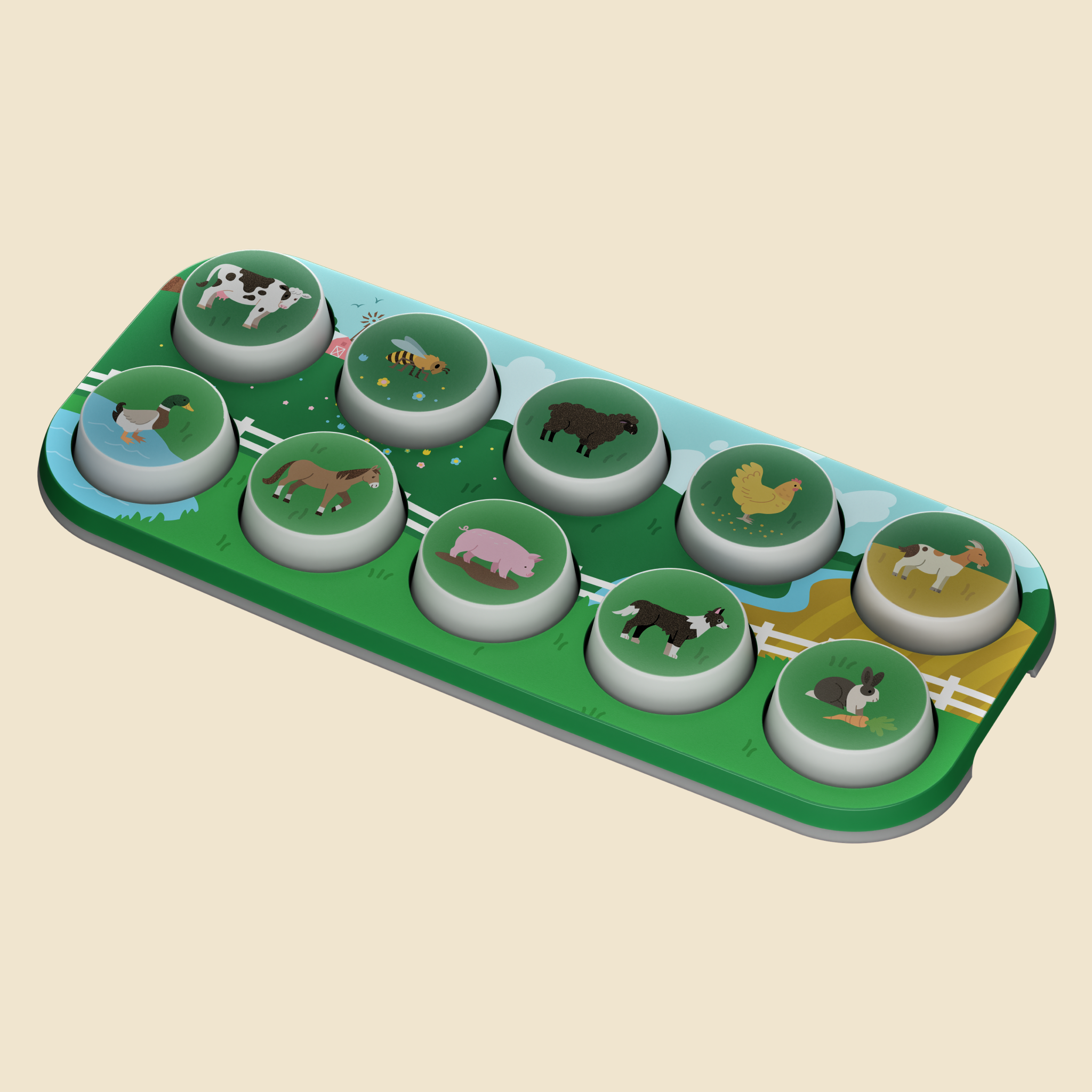 A green farm-themed circular toy or game board with ten animal illustrations, photographed on a plain beige background.