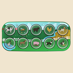 A rectangular farm-themed children's toy or educational mat with rounded corners, featuring ten circular animal illustrations arranged in two rows. The mat shows green grass, a blue river, white fence, and animals including a cow, bee, sheep, chicken, goat, duck, horse, pig, dog, and rabbit, set on a light beige background.