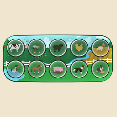 A rectangular farm-themed children's toy or educational mat with rounded corners, featuring ten circular animal illustrations arranged in two rows. The mat shows green grass, a blue river, white fence, and animals including a cow, bee, sheep, chicken, goat, duck, horse, pig, dog, and rabbit, set on a light beige background.