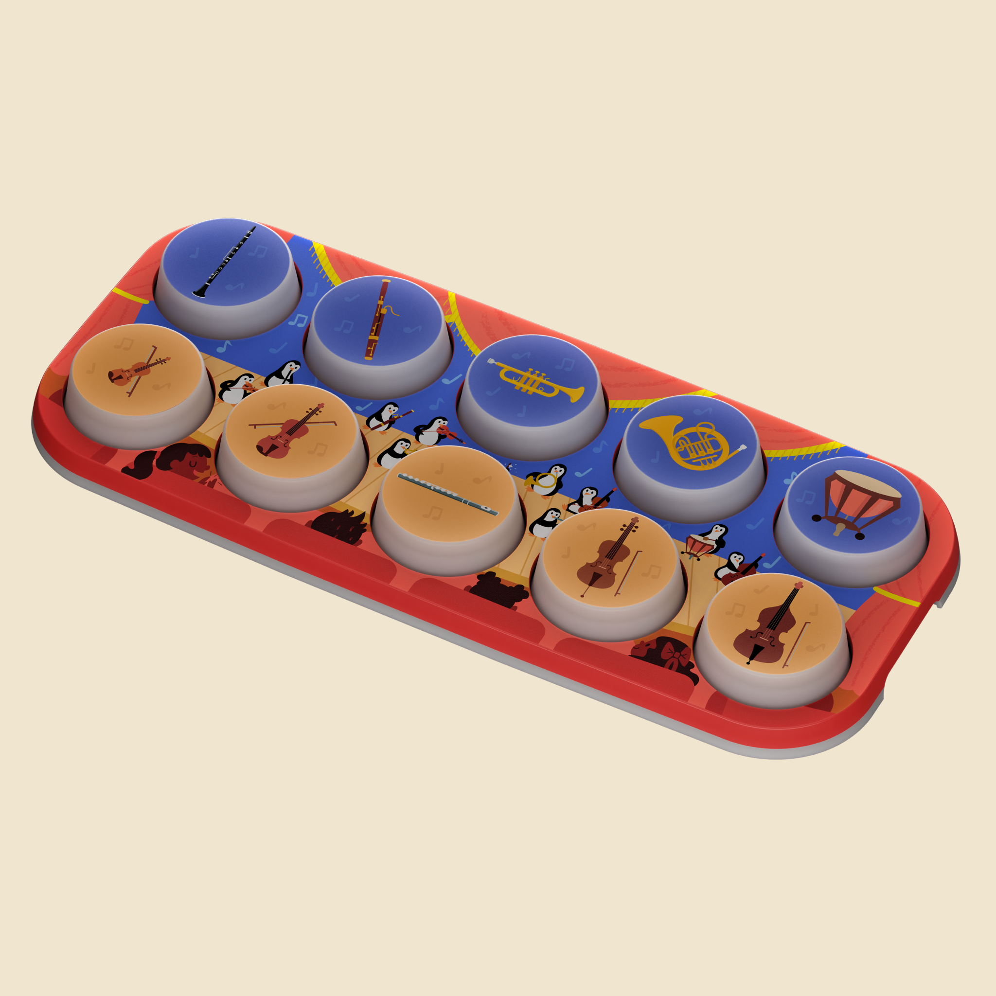 A rectangular children's toy t with ten circular buttons arranged in two rows. The top row has blue buttons with musical instrument illustrations (flute, recorder, trumpet, French horn, drum), and the bottom row has tan buttons with instrument illustrations (violin, cello, flute, bass, guitar).