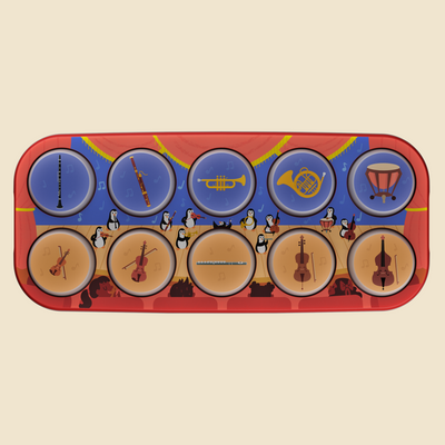 A rectangular children's toy t with ten circular buttons arranged in two rows. The top row has blue buttons with musical instrument illustrations (flute, recorder, trumpet, French horn, drum), and the bottom row has tan buttons with instrument illustrations (violin, cello, flute, bass, guitar).