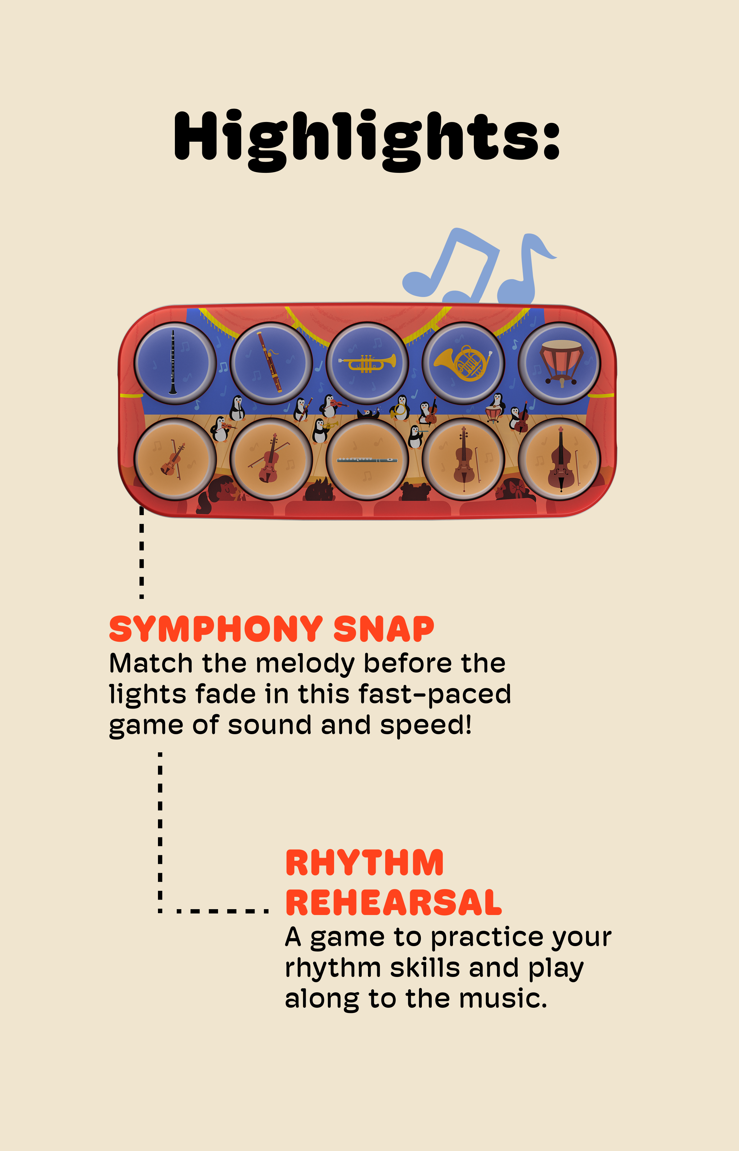 An informational graphic for a children's music game titled 'Highlights' on a beige background. It shows a red and blue toy panel with circular instrument icons, plus text describing features 'Symphony Snap' and 'Rhythm Rehearsal'.