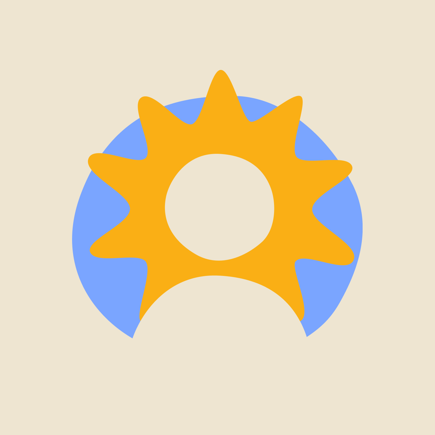 Illustration of a sun with a blue circle on a beige background