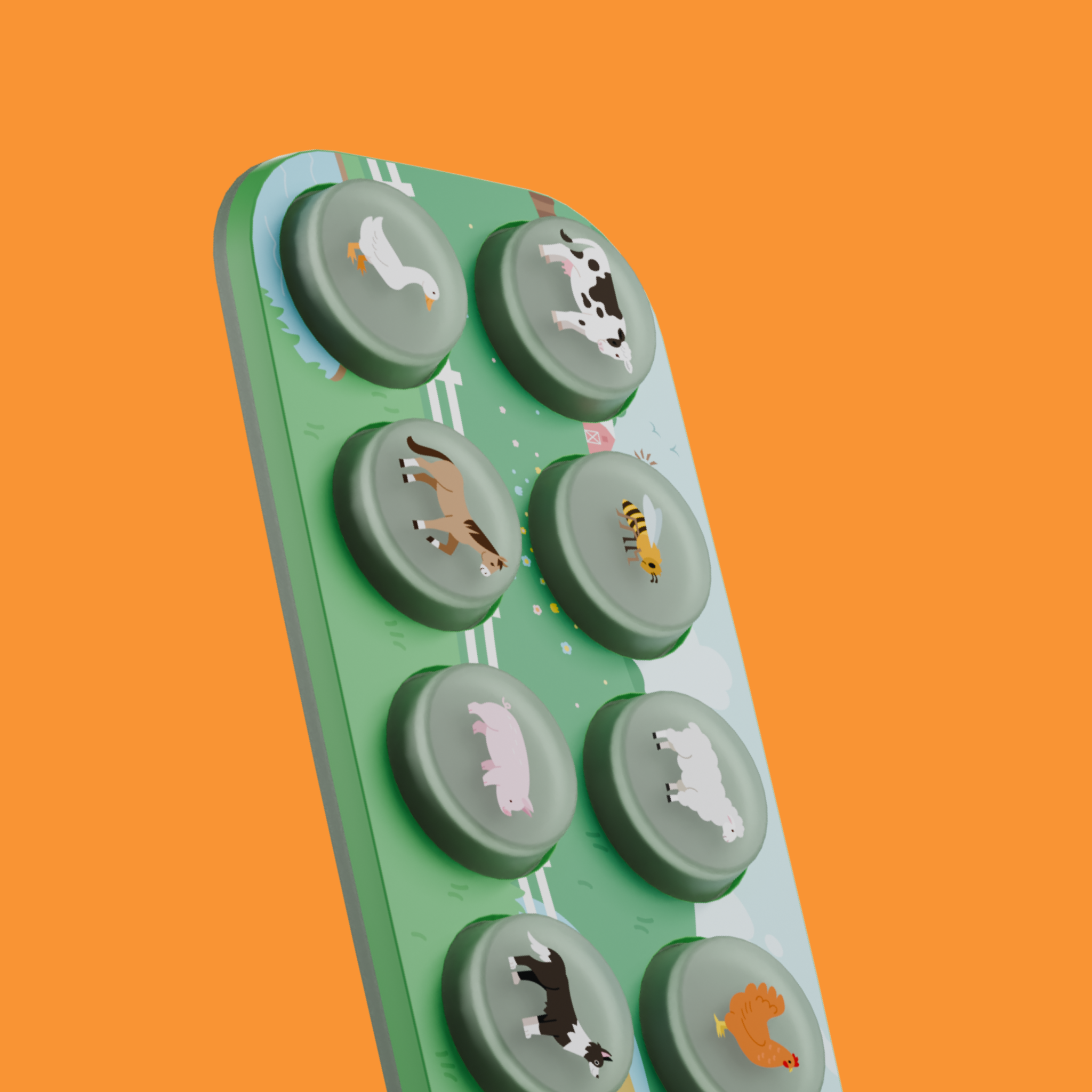 Green Toppo with animal illustrations on an orange background