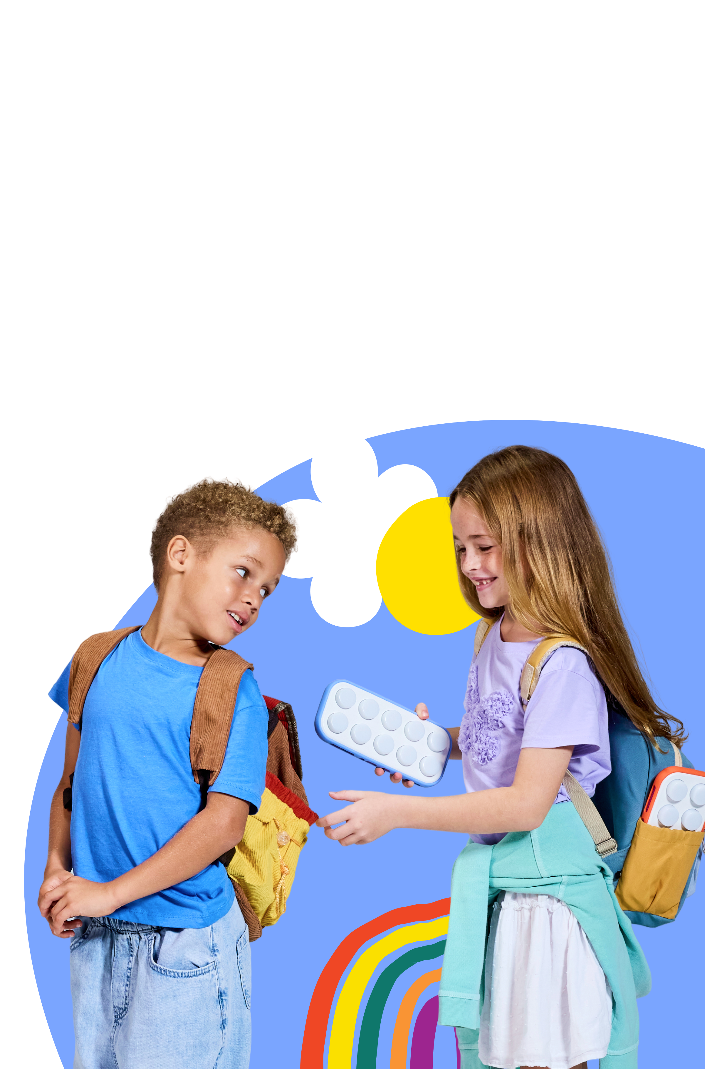 Two kids with Boppo in front of a summer sky with illustrations