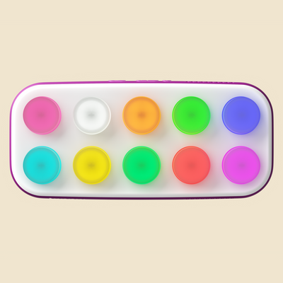 A rectangular device with rounded corners and a purple border, holding ten circular colored buttons arranged in two rows. The colors include pink, white, orange, green, blue, yellow, red, and purple, set against a solid light beige background.