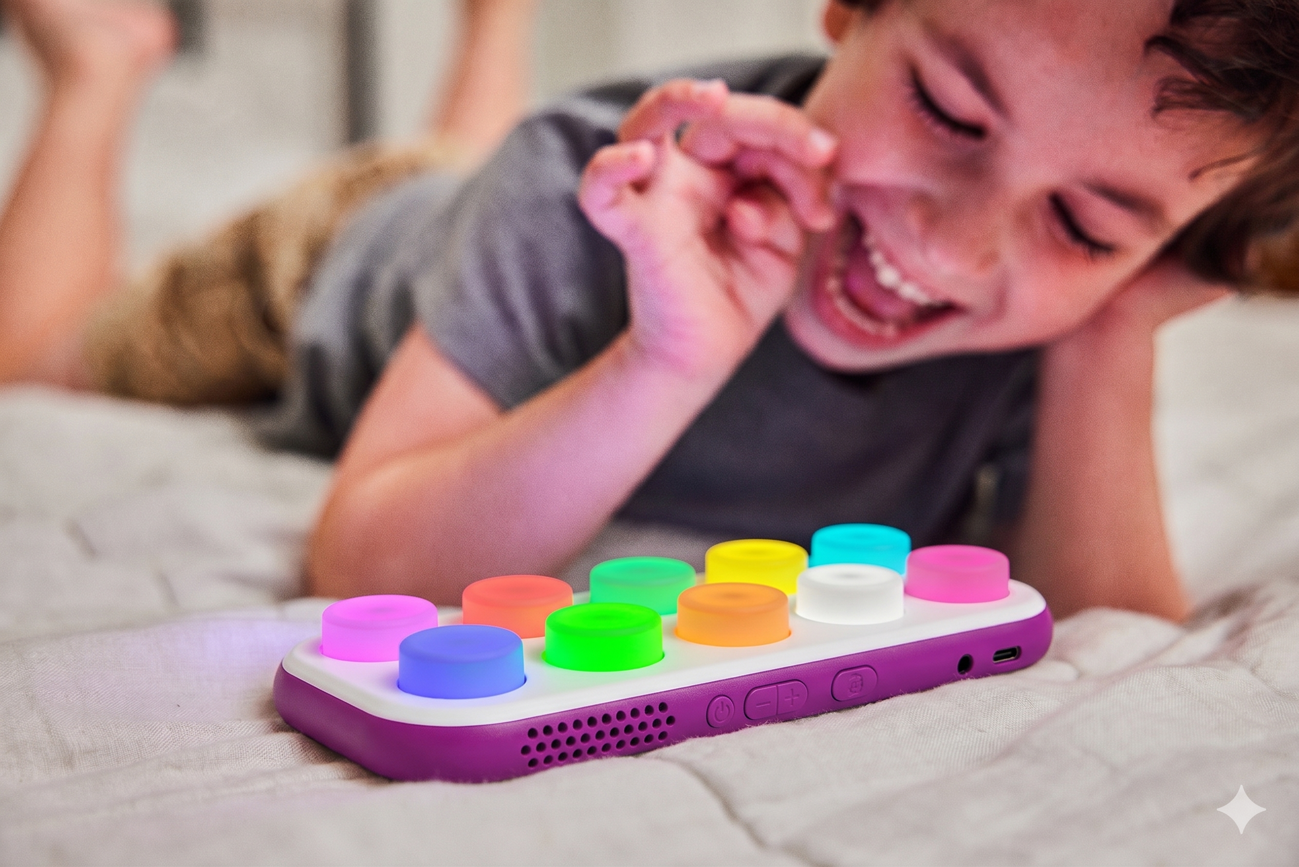 Boppo tablet lit up with boy laughing