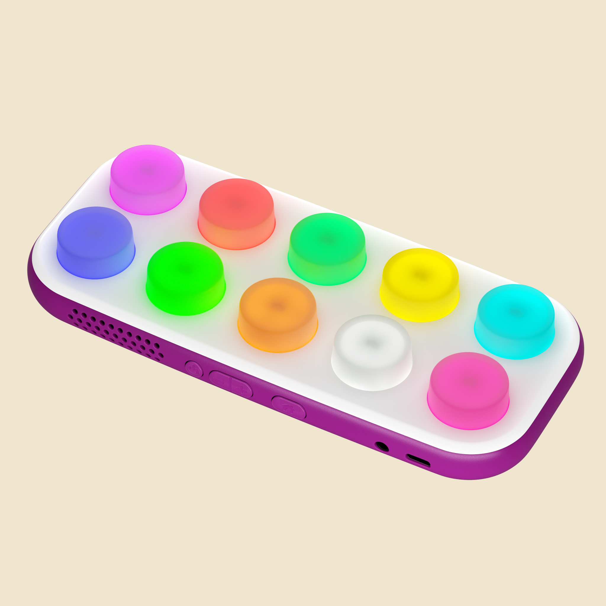 A rectangular device with rounded corners and a purple border, holding ten circular colored buttons arranged in two rows. The colors include pink, white, orange, green, blue, yellow, red, and purple, set against a solid light beige background.