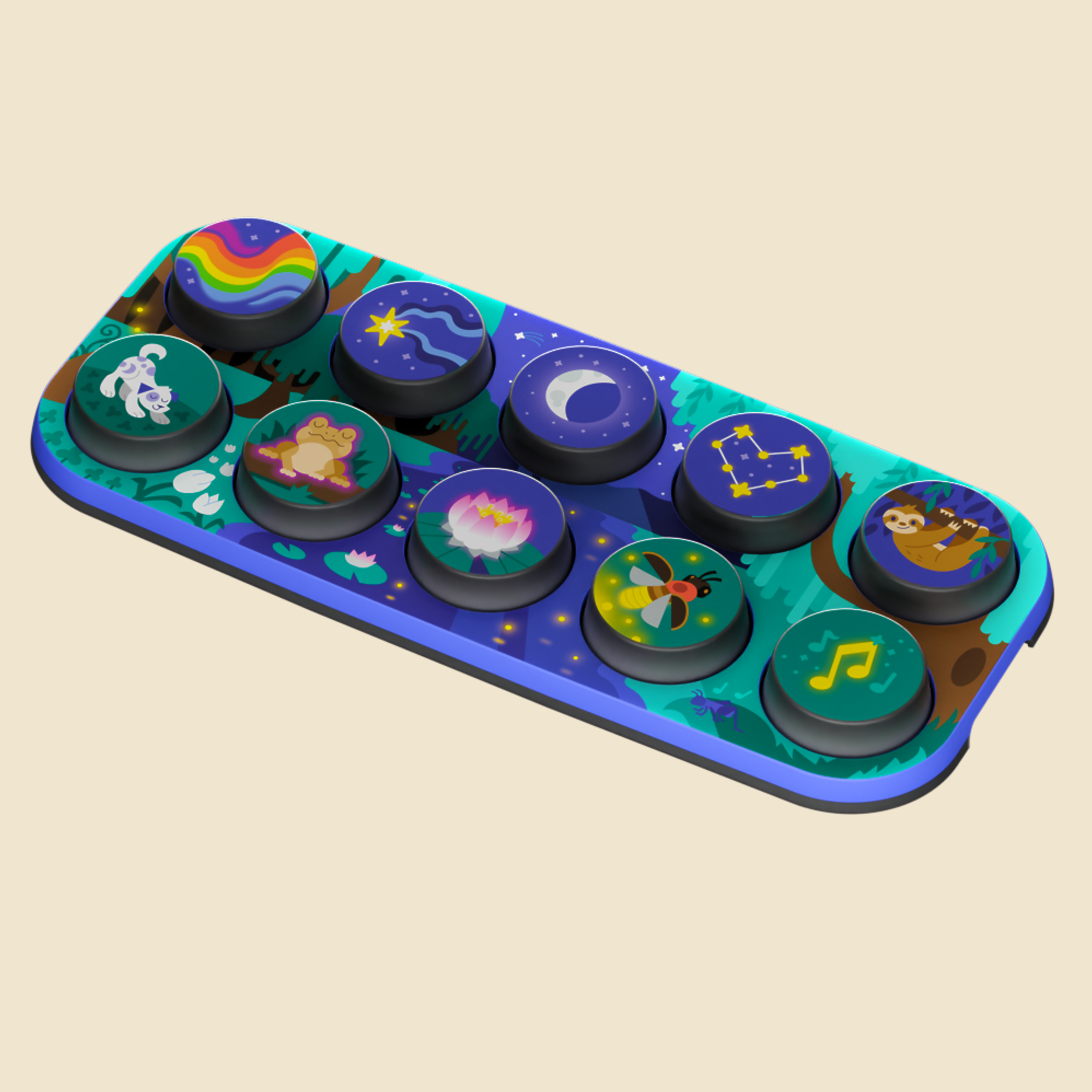 A colorful educational toy decorated with various celestial and nature illustrations, resting on a matching illustrated blue and green base against a solid beige background.