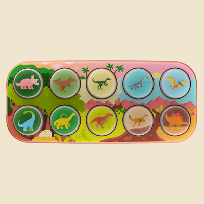 A colorful dinosaur-themed educational toy or game board with ten circular cutouts showing different dinosaur illustrations, set against a light beige background.