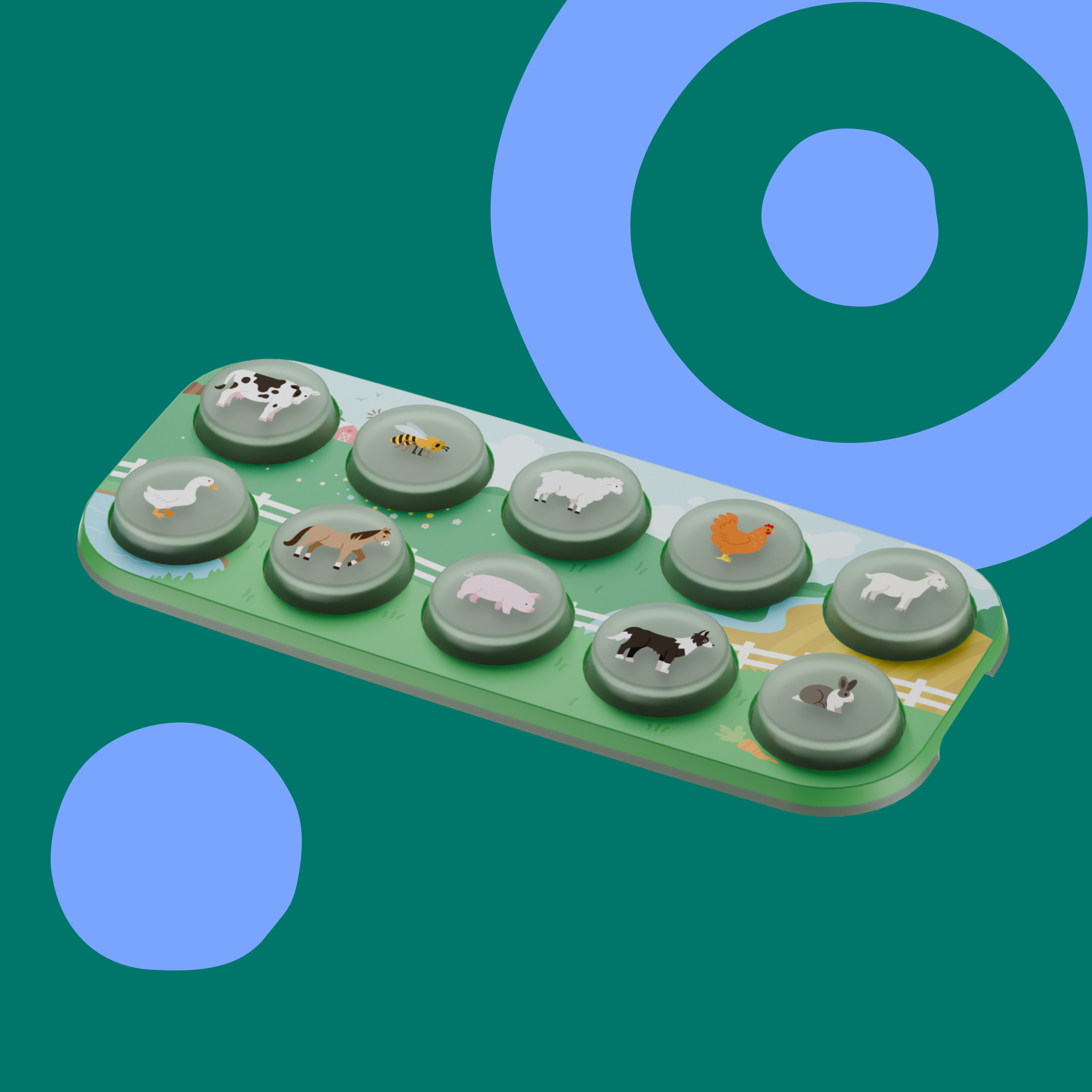 Toppo with animal buttons on a green background