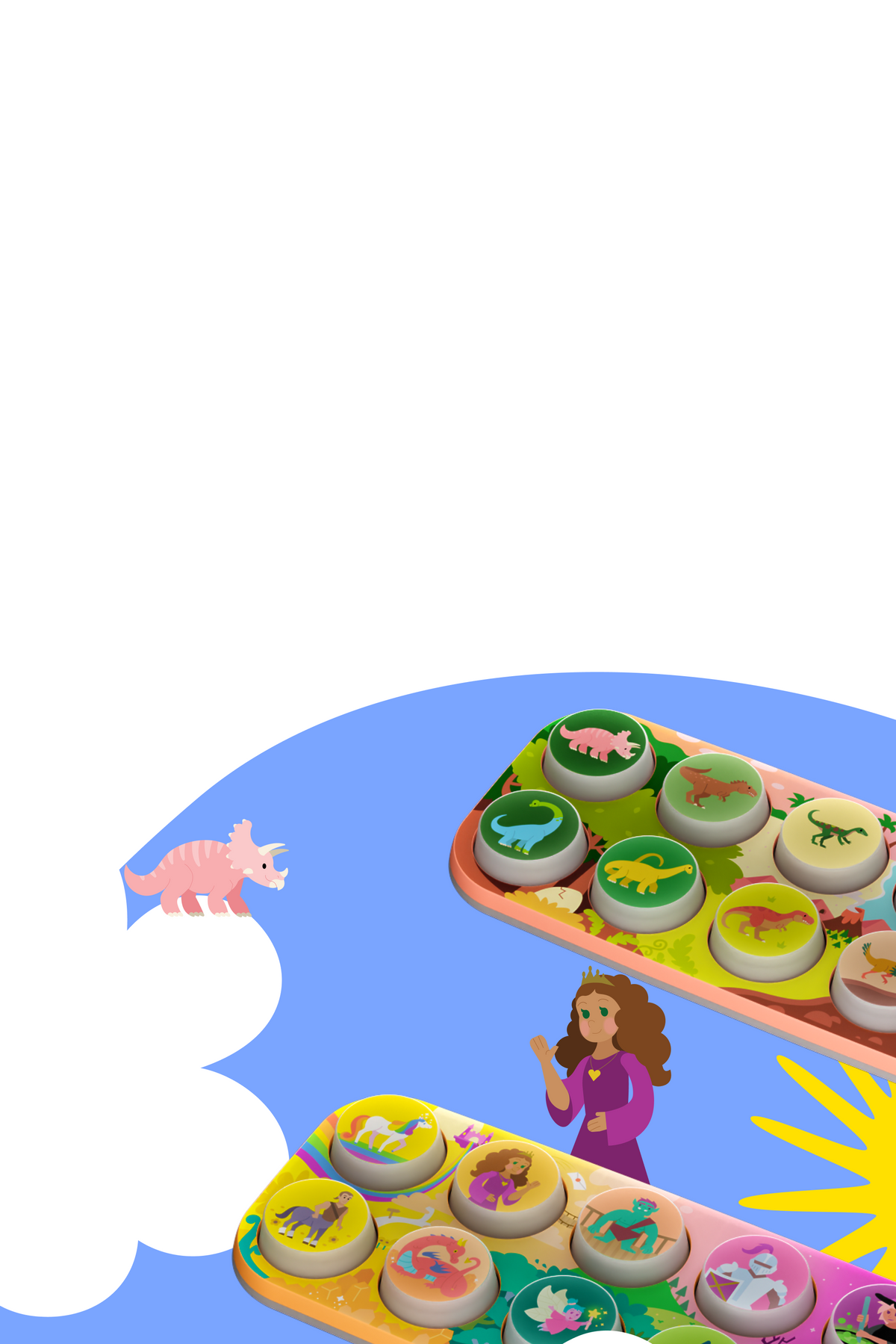 A colorful cartoon-style illustration showing two toppos with animals on the buttons, set against a blue sky with white clouds and a sun. A small pink animal and a stylized person appear nearby in the clouds.