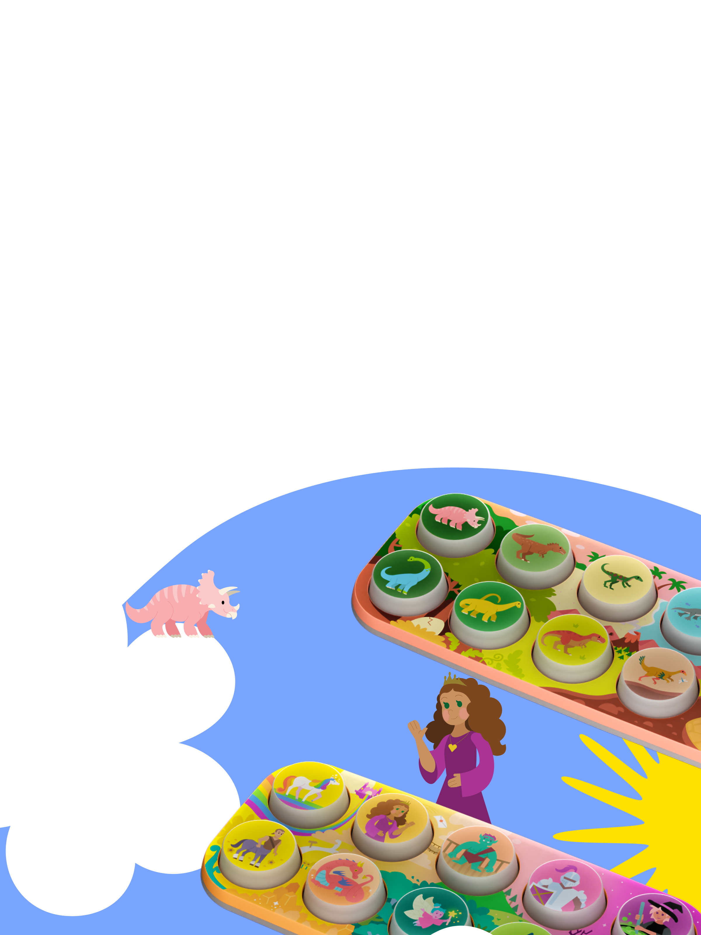 A colorful cartoon-style illustration showing two toppos with animals on the buttons, set against a blue sky with white clouds and a sun. A small pink animal and a stylized person appear nearby in the clouds.
