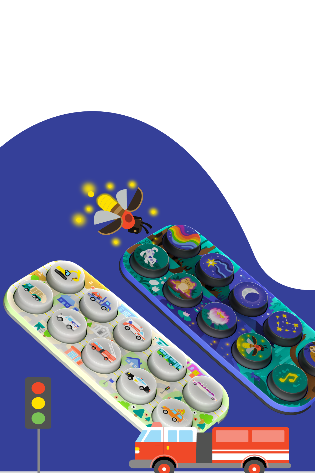 A children's educational toy set featuring two long tracks with round buttons showing different illustrations, including a bee, stars, planets, and musical notes. One track is mounted on a red fire truck, and the other is supported by a small traffic light.