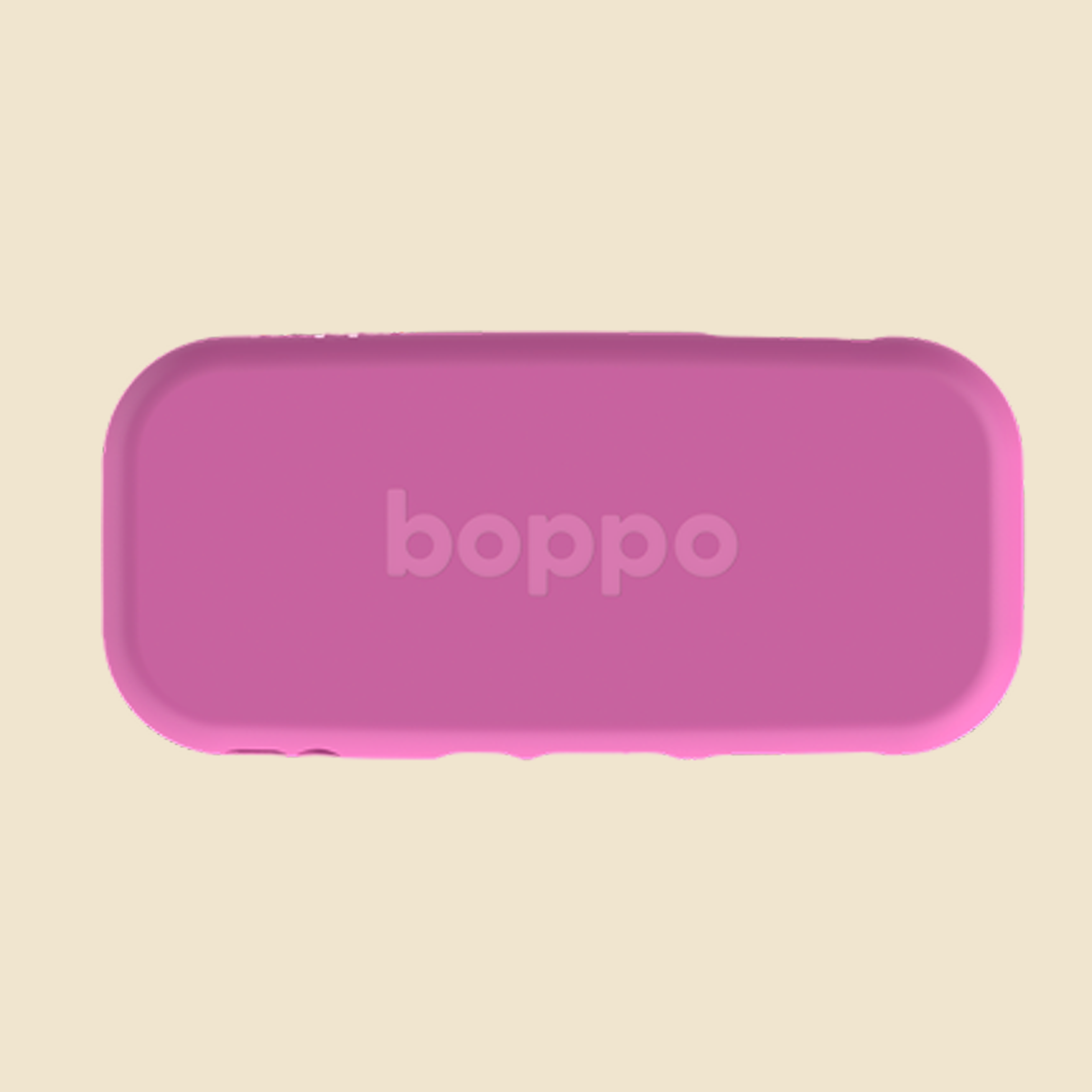 A pink protective sleeve with rounded corners and the brand name 'boppo' printed in the center, shown on a solid light beige background.