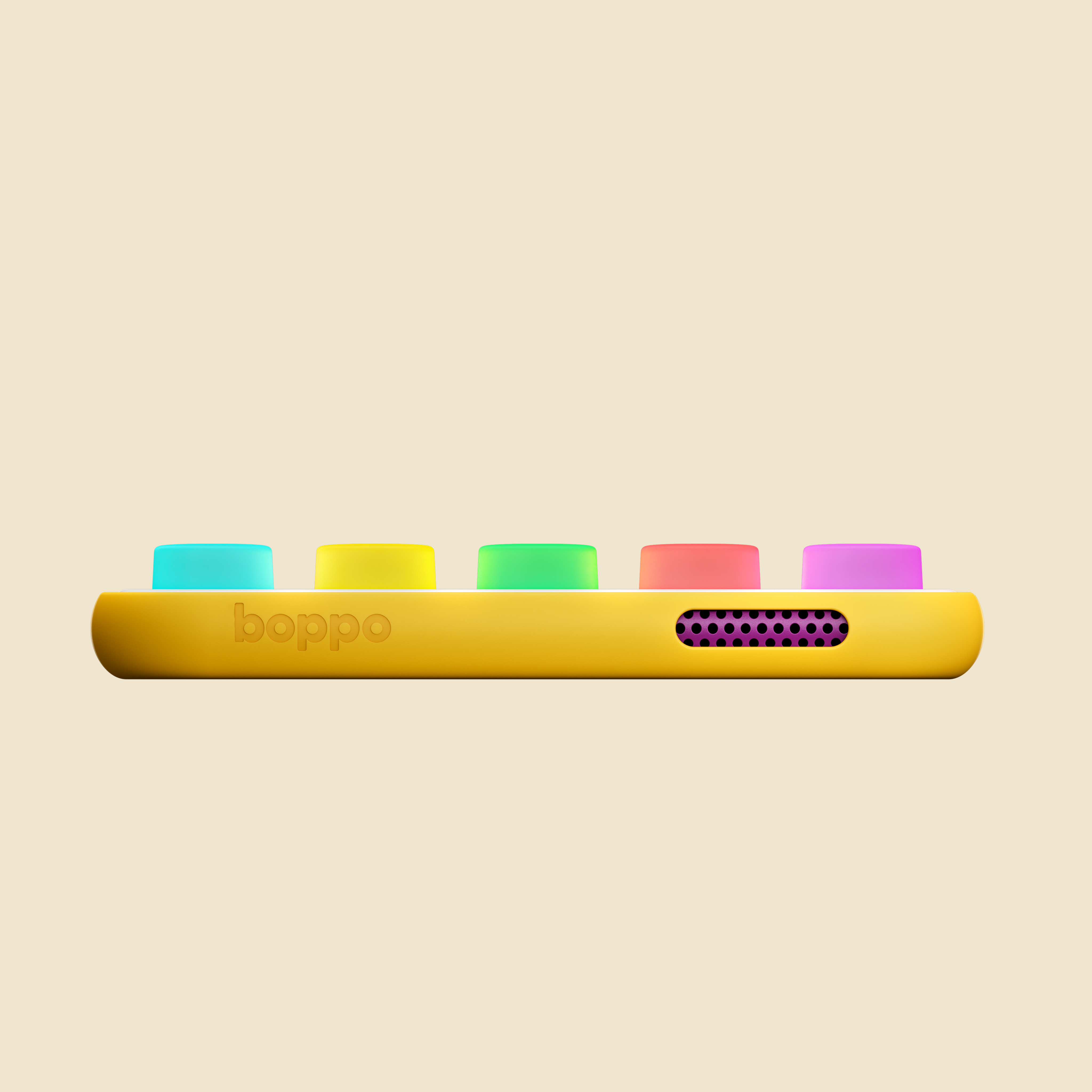 A yellow Boppo electronic device with five colorful cylindrical buttons in cyan, yellow, green, pink, and purple, shown against a solid beige background.