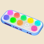 A rectangular electronic device with rounded corners, featuring a light blue outer frame, a white faceplate, and ten colorful circular buttons on top in shades of purple, red, green, yellow, orange, white, and pink. The device is shown floating against a solid light beige background.