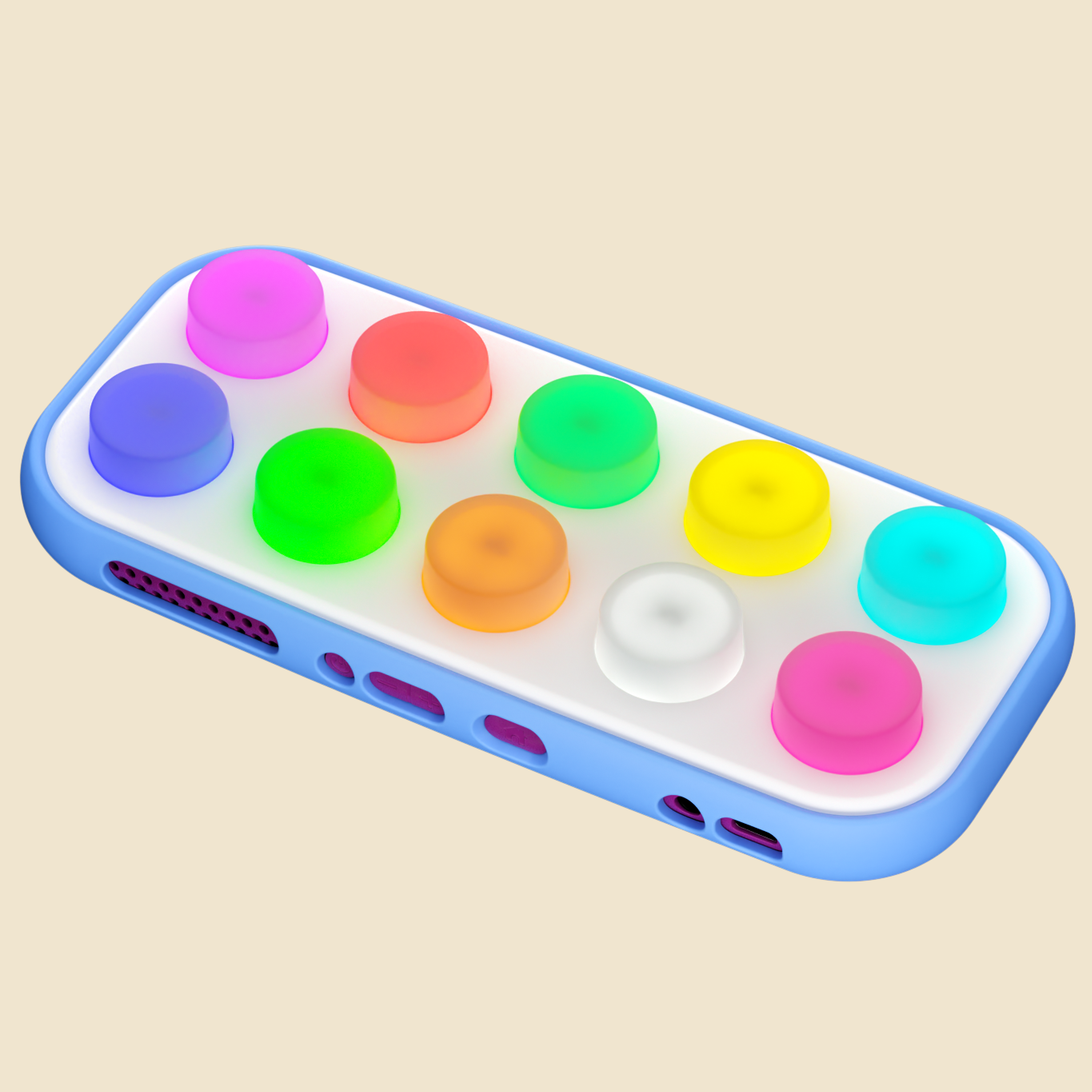 A rectangular electronic device with rounded corners, featuring a light blue outer frame, a white faceplate, and ten colorful circular buttons on top in shades of purple, red, green, yellow, orange, white, and pink. The device is shown floating against a solid light beige background.