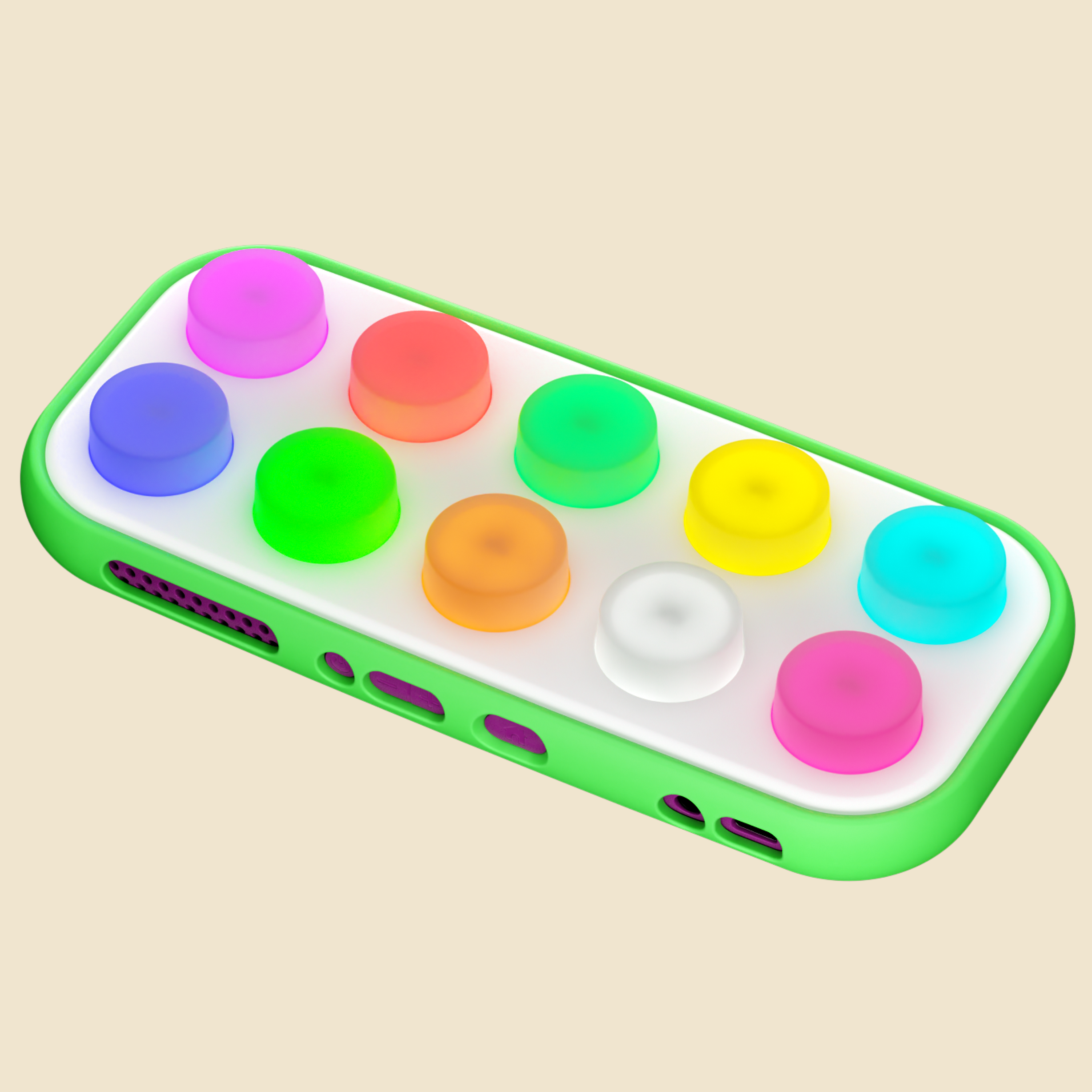 A rectangular electronic device with rounded corners, featuring a green outer case, a white faceplate, and ten colorful circular buttons on top in shades of purple, red, green, yellow, orange, white, and pink. The device is shown floating against a solid light beige background.