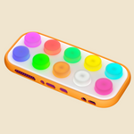 A rectangular electronic device with rounded corners, featuring a orange outer case, a white faceplate, and ten colorful circular buttons on top in shades of purple, red, green, yellow, orange, white, and pink. The device is shown floating against a solid light beige background.