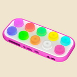 A rectangular electronic device with rounded corners, featuring a pink outer case, a white faceplate, and ten colorful circular buttons on top in shades of purple, red, green, yellow, orange, white, and pink. The device is shown floating against a solid light beige background.