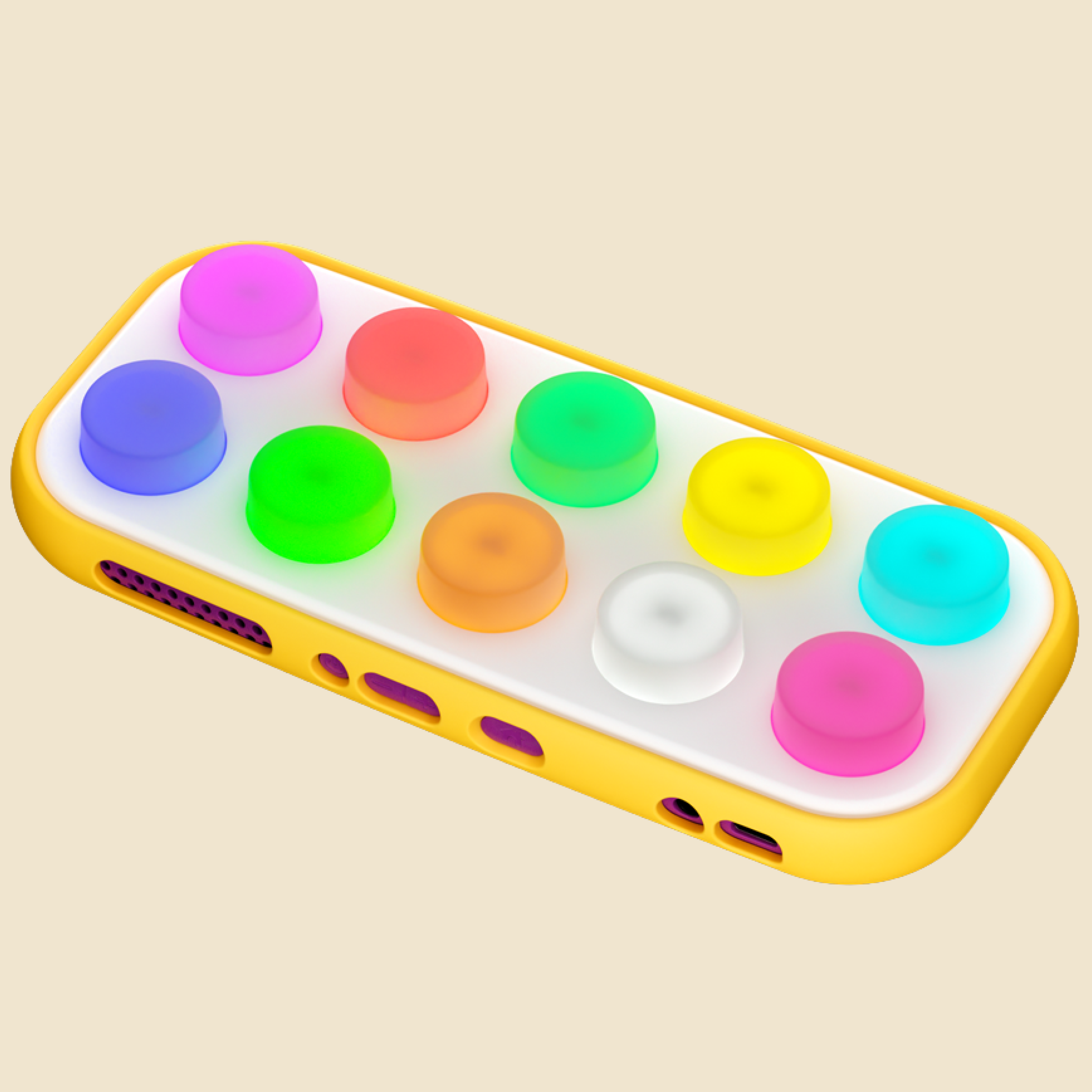 A rectangular electronic device with rounded corners, featuring a yellow outer case, a white faceplate, and ten colorful circular buttons on top in shades of purple, red, green, yellow, orange, white, and pink. The device is shown floating against a solid light beige background.