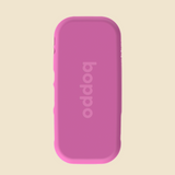 A pink rectangular  case with rounded corners and the brand name 'boppo' printed vertically in a lighter pink on the back, shown against a solid light beige background.