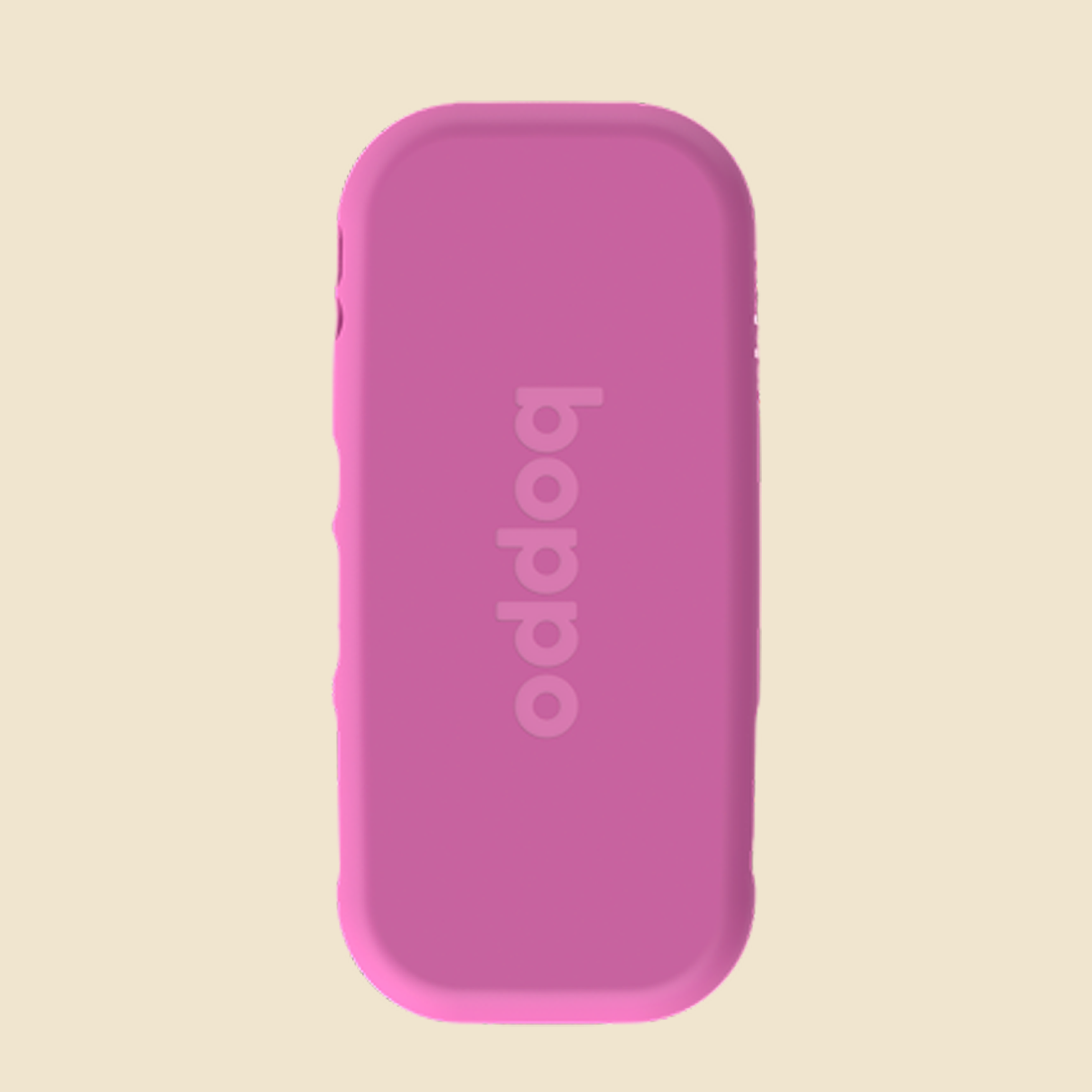 A pink rectangular  case with rounded corners and the brand name 'boppo' printed vertically in a lighter pink on the back, shown against a solid light beige background.
