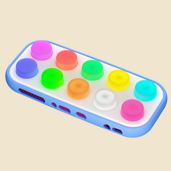 A light blue rectangular electronic device with rounded corners, featuring ten colorful circular buttons on top in shades of pink, purple, blue, green, orange, yellow, and white, shown on a solid beige background.