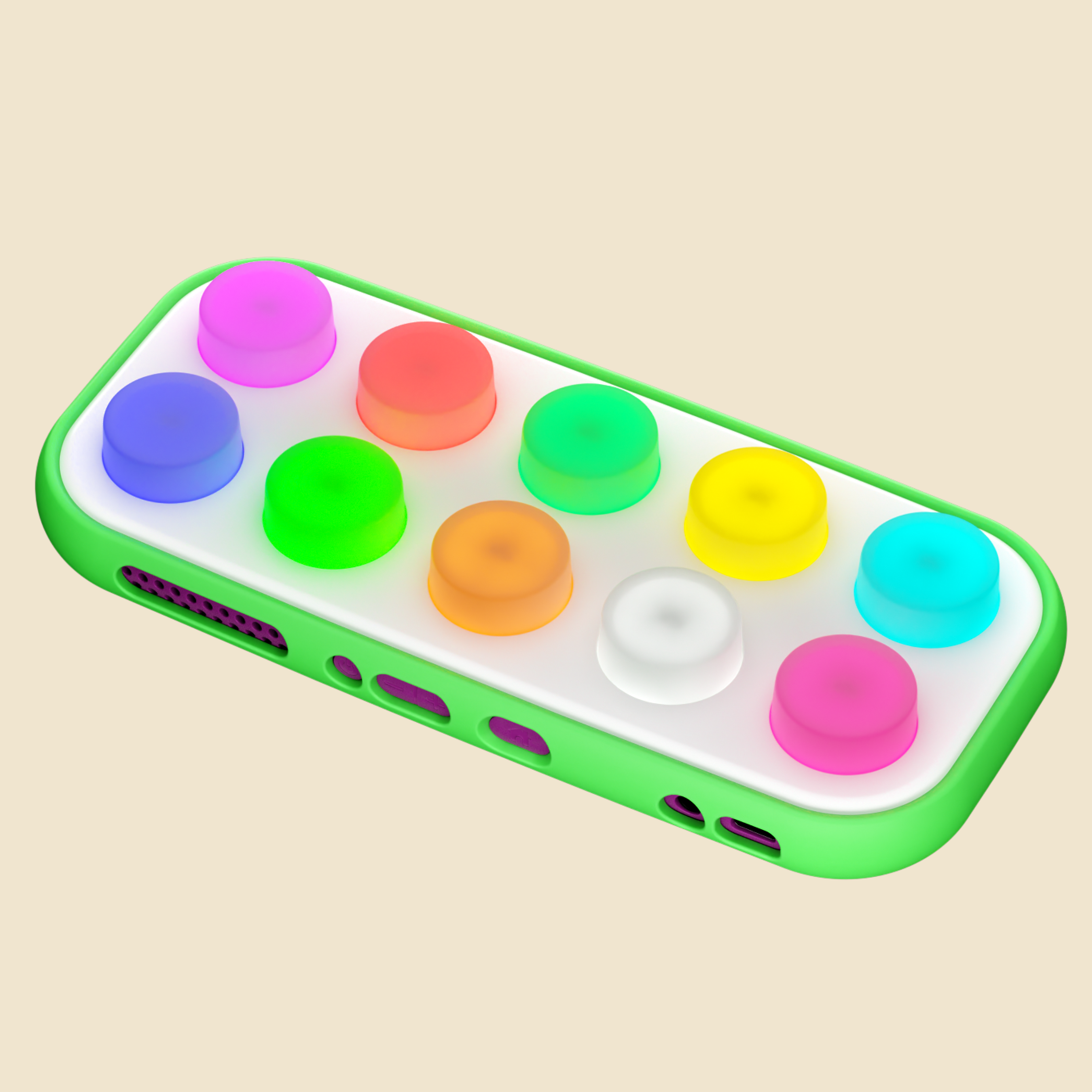 A green case with a white panel featuring ten colorful, circular, raised button-like accents in pink, purple, blue, red, green, orange, yellow, white, and cyan, shown on a solid beige background.