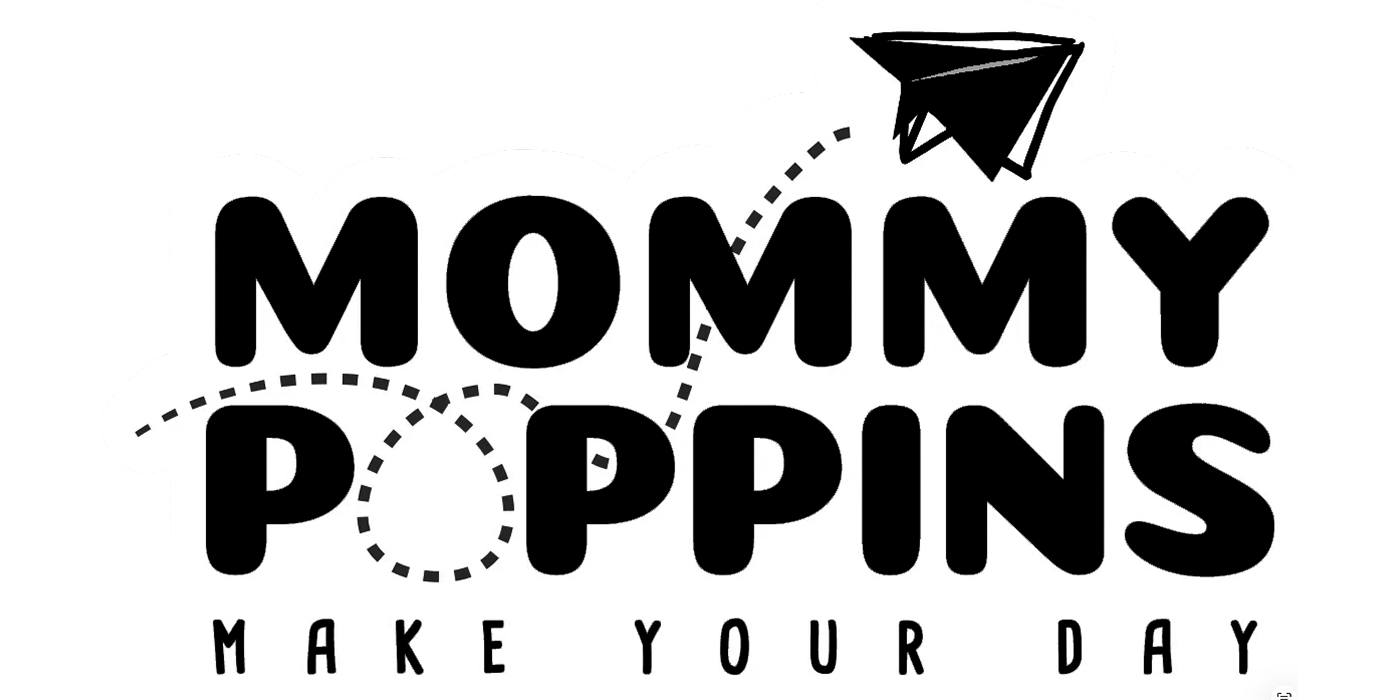 Black text 'Mommy Poppins Make Your Day' with a paper airplane icon on a white background