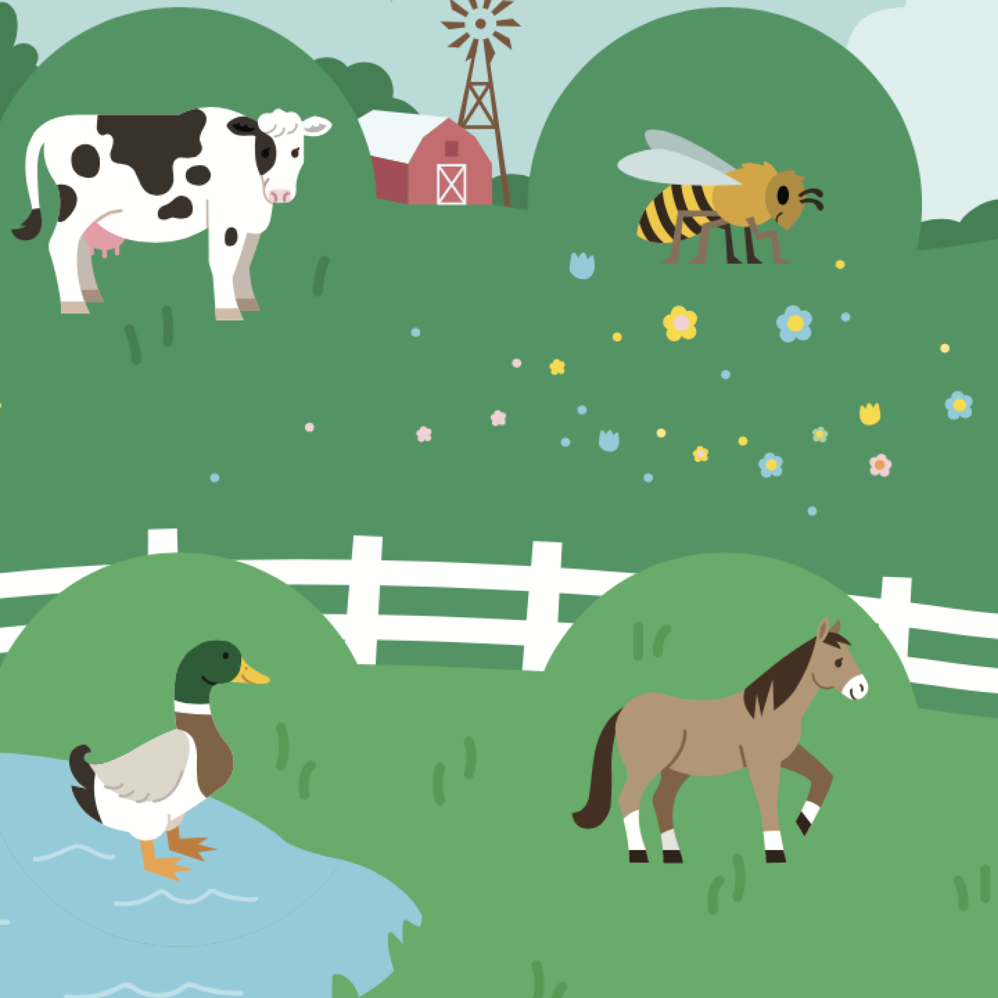 Illustration of farm animals including a cow, horse, duck, and bee with a barn and windmill in the background.