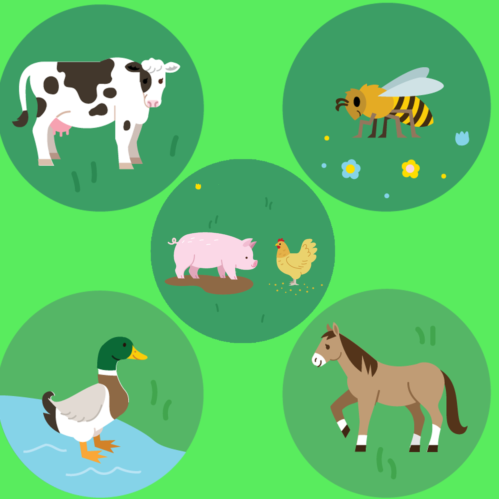 Illustrations of a cow, bee, pig, chicken, duck, and horse on a green background.