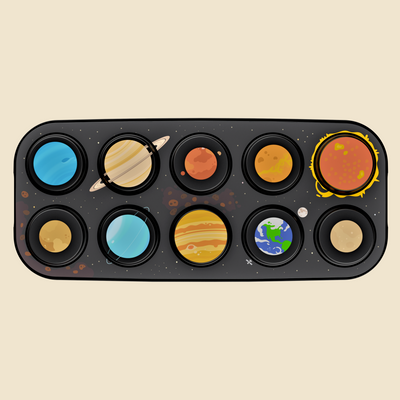 A cartoon-style black toy toppo featuring circular sun and planet illustrations, including Saturn, Jupiter, Earth, and the Sun, on a light beige background.