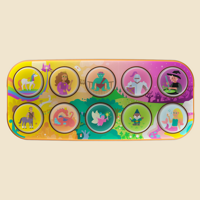 A colorful children's toy tray with ten circular cutouts showing different fantasy characters, photographed on a plain light beige background.