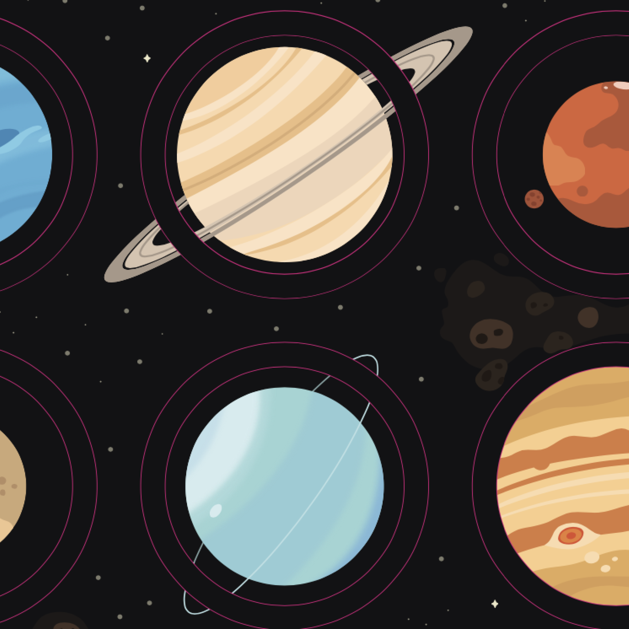 Illustrations of planets in a solar system pattern on a black background