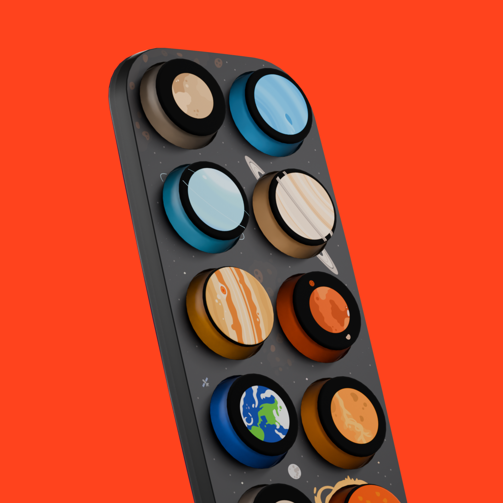 Set of planet-themed buttons on a red background