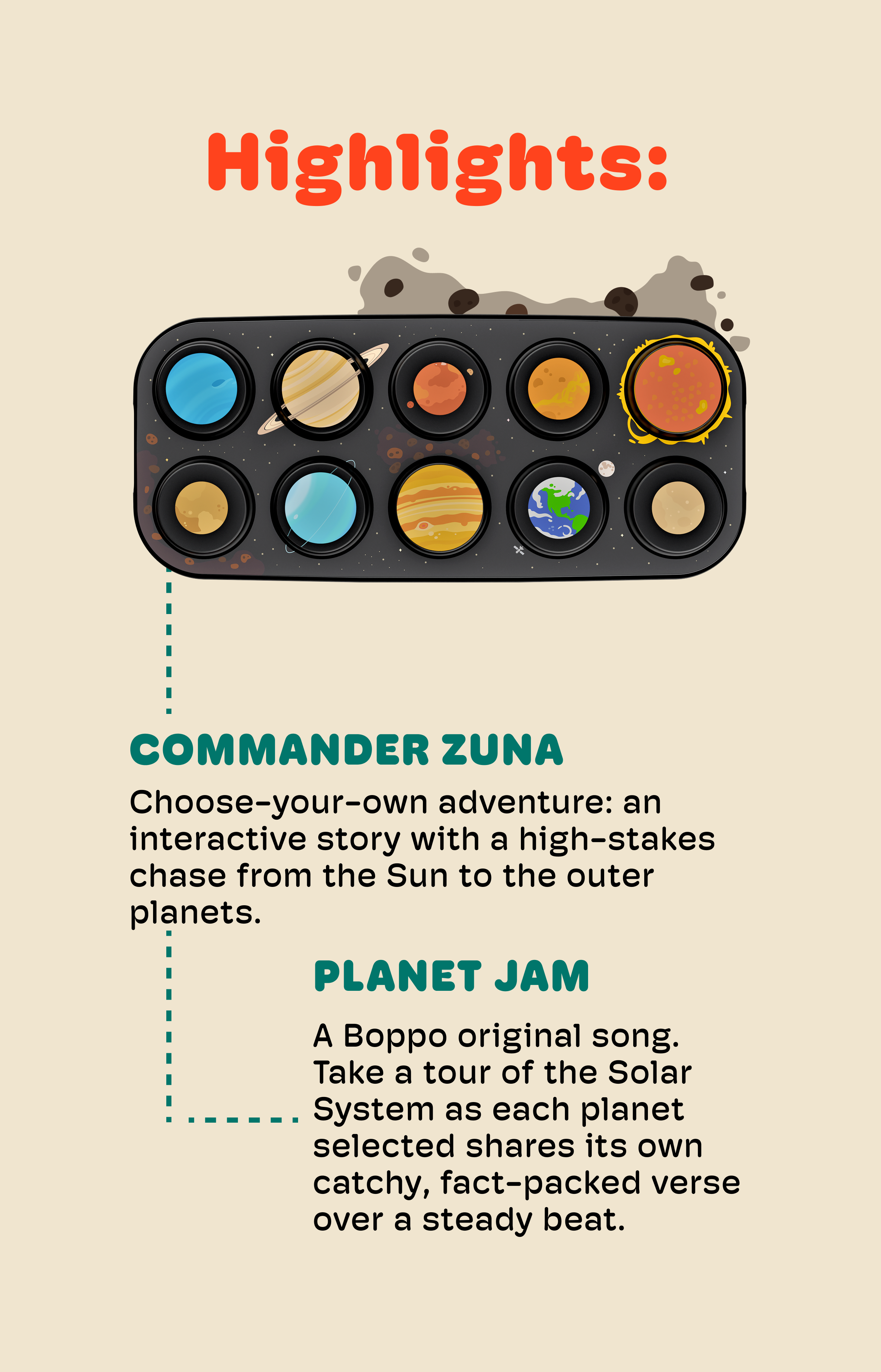 An illustrated promotional graphic with the heading 'Highlights:' above a stylized solar-system style board showing colorful planets. Text below reads 'COMMANDER ZUNA' and 'PLANET JAM' with brief descriptions on a beige background.