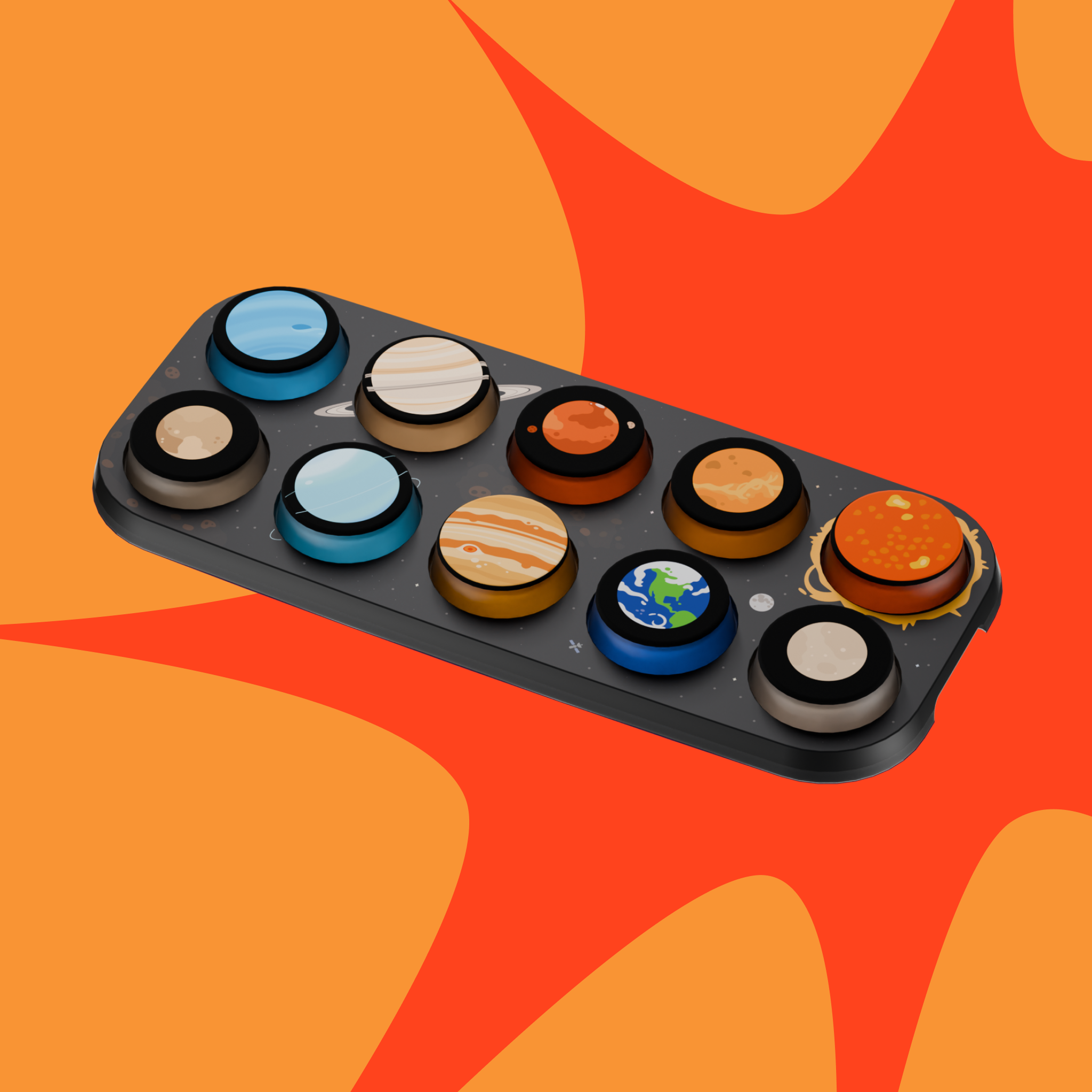 Set of toy planet buttons on a Toppo with an orange abstract background