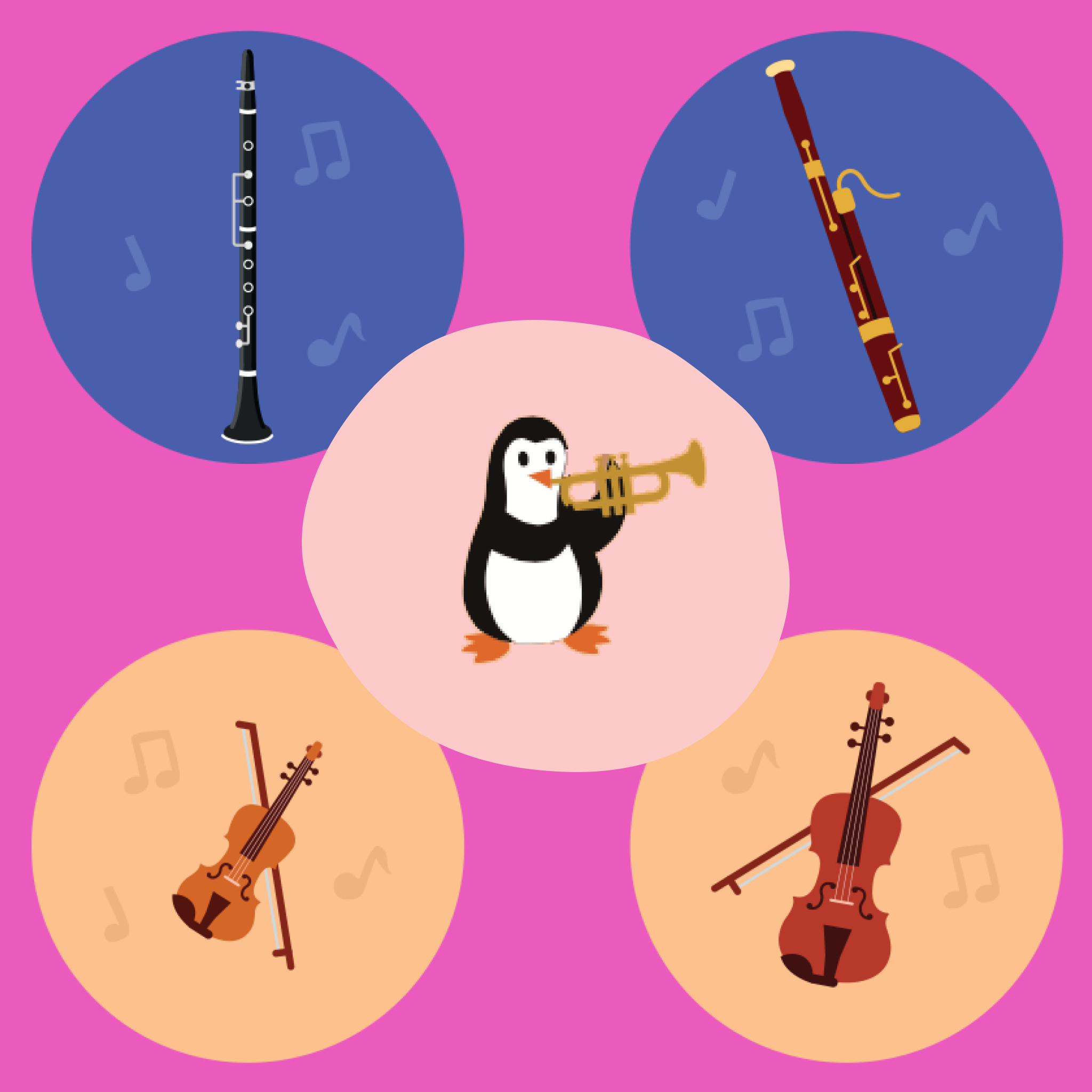 Illustration of a penguin playing a trumpet surrounded by musical instruments on a pink background
