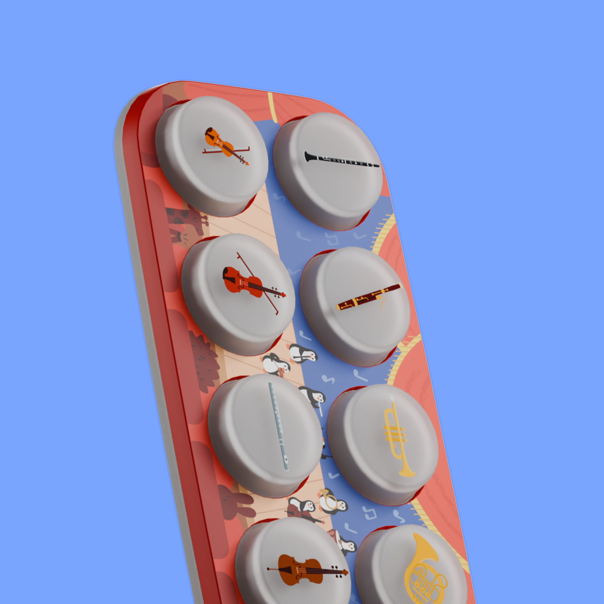 Toppo featuring musical instrument illustrations on a blue background