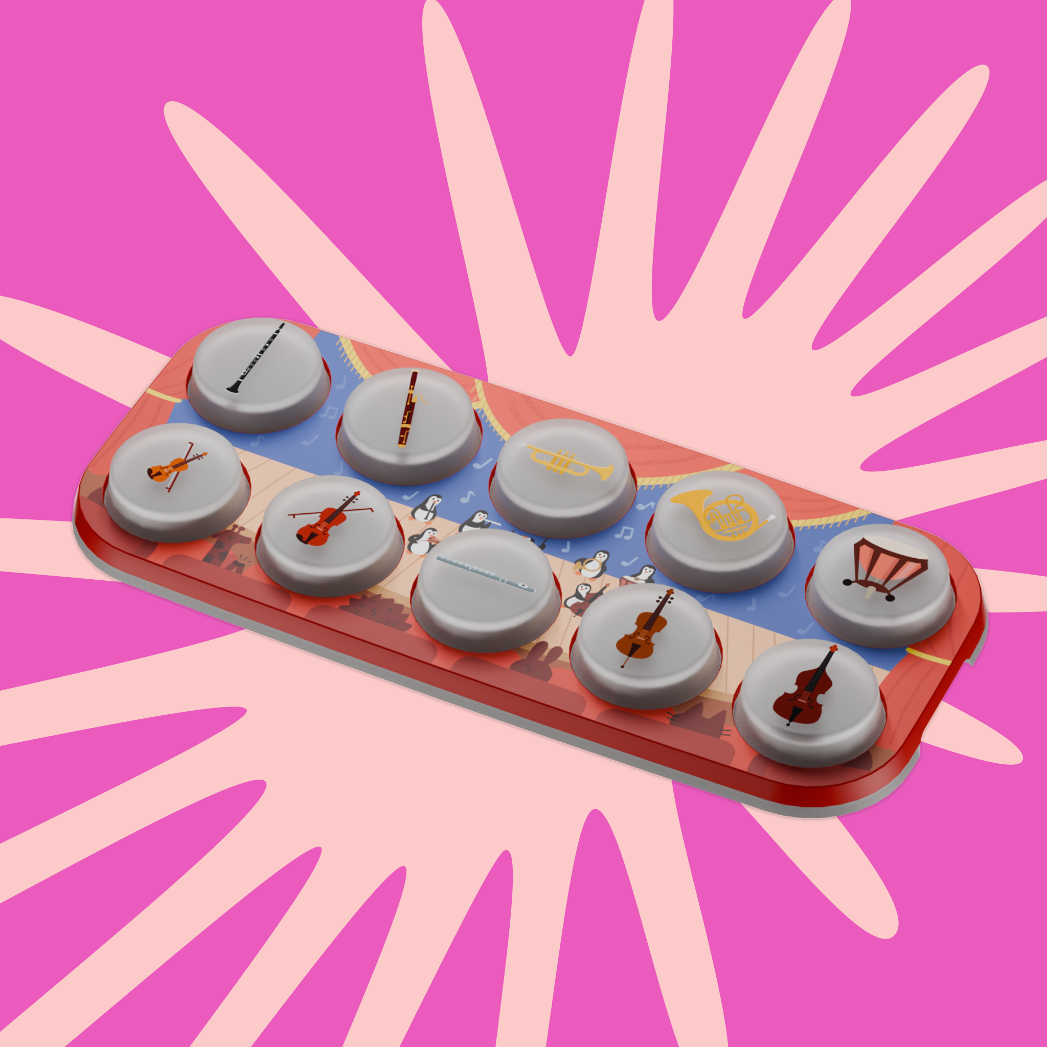 Toppo with musical instrument designs on a pink and orange abstract background