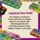 Promotional graphic for a Toppo toy set with colorful animal-themed circular buttons arranged on game boards, plus large text reading 'expand the FUN!' and descriptive copy about unlockable themed games and activities.