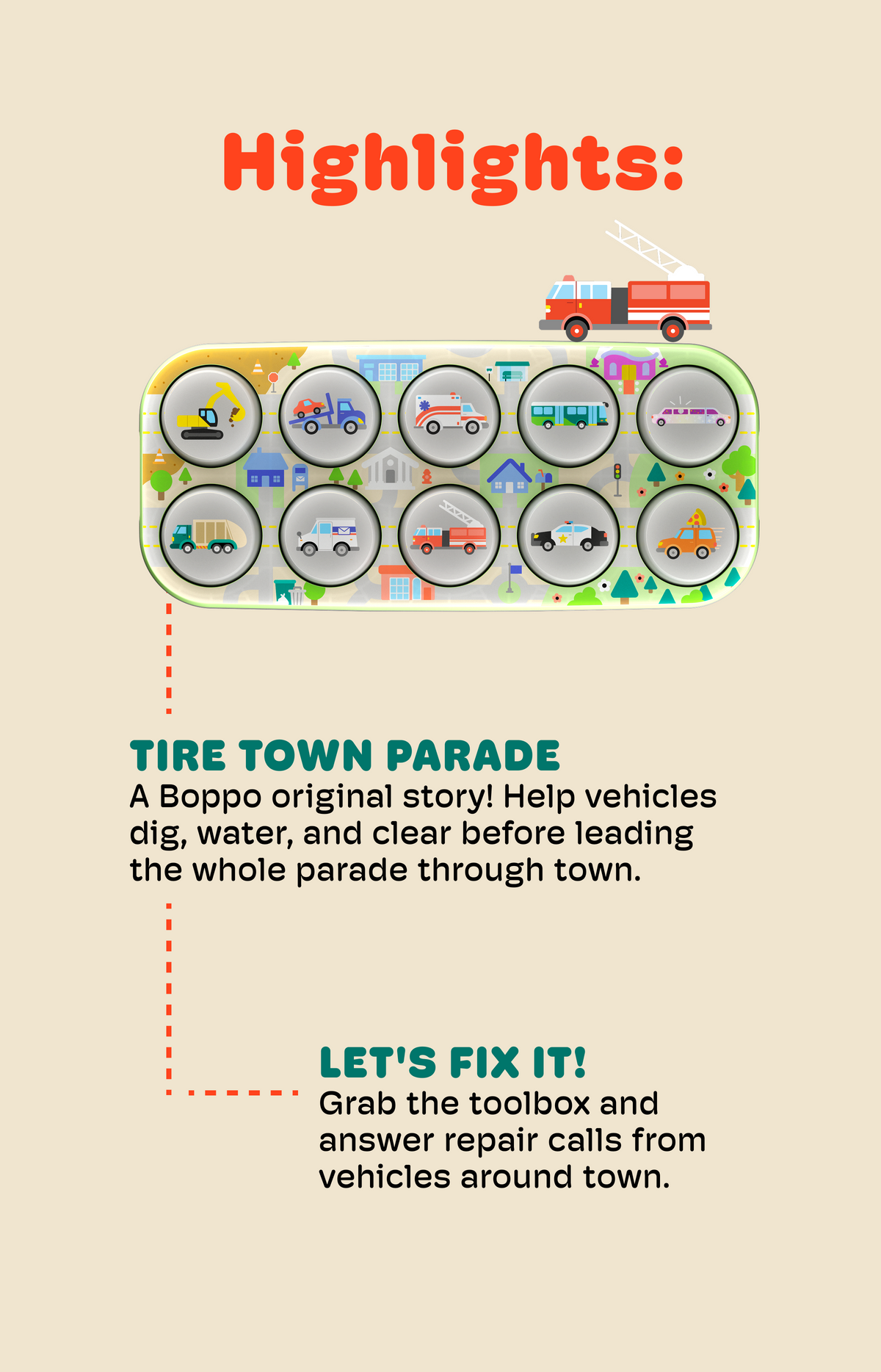 Vehicle toppo with 3 activities called out and firetruck/mail truck graphics